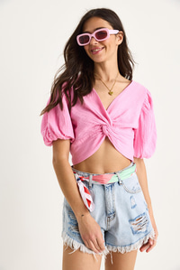Kadın Balon Kollu Crop Müslin Bluz 1004-1 60283344 - Şeker Pembe