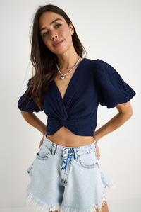 Kadın Balon Kollu Crop Müslin Bluz 1004-1 60283344 - Lacivert