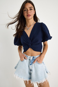 Kadın Balon Kollu Crop Müslin Bluz 1004-1 60283344 - Lacivert