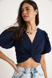 Kadın Balon Kollu Crop Müslin Bluz 1004-1 60283344 - Lacivert