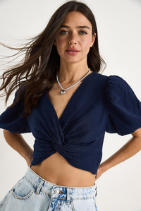 Kadın Balon Kollu Crop Müslin Bluz 1004-1 60283344 - Lacivert
