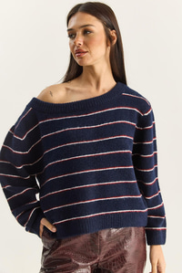 Kadın Bardot Yaka Çizgili Oversize Triko Kazak 2570 60283876 - Lacivert-Bordo KAZAK modelleri