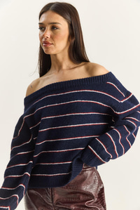 Kadın Bardot Yaka Çizgili Oversize Triko Kazak 2570 60283876 - Lacivert-Bordo KAZAK modelleri