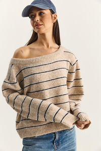 Kadın Bardot Yaka Çizgili Oversize Triko Kazak 2570 60283876 - Bej-Lacivert KAZAK modelleri