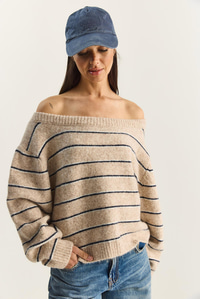 Kadın Bardot Yaka Çizgili Oversize Triko Kazak 2570 60283876 - Bej-Lacivert KAZAK modelleri