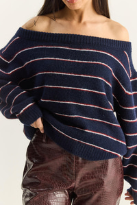 Kadın Bardot Yaka Çizgili Oversize Triko Kazak 2570 60283876 - Lacivert-Bordo KAZAK modelleri