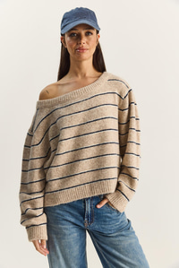 Kadın Bardot Yaka Çizgili Oversize Triko Kazak 2570 60283876 - Bej-Lacivert KAZAK modelleri