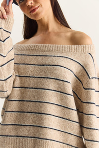 Kadın Bardot Yaka Çizgili Oversize Triko Kazak 2570 60283876 - Bej-Lacivert KAZAK modelleri