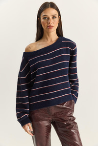 Kadın Bardot Yaka Çizgili Oversize Triko Kazak 2570 60283876 - Lacivert-Bordo KAZAK modelleri