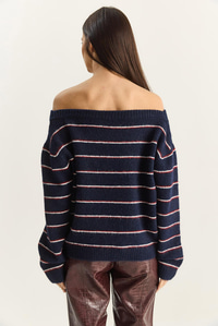 Kadın Bardot Yaka Çizgili Oversize Triko Kazak 2570 60283876 - Lacivert-Bordo KAZAK modelleri