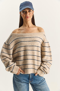 Kadın Bardot Yaka Çizgili Oversize Triko Kazak 2570 60283876 - Bej-Lacivert KAZAK modelleri