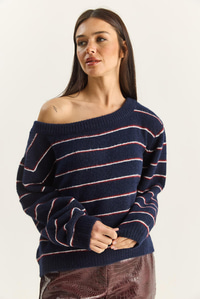 Kadın Bardot Yaka Çizgili Oversize Triko Kazak 2570 60283876 - Lacivert-Bordo KAZAK modelleri