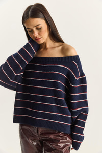 Kadın Bardot Yaka Çizgili Oversize Triko Kazak 2570 60283876 - Lacivert-Bordo KAZAK modelleri