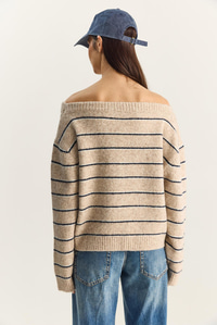 Kadın Bardot Yaka Çizgili Oversize Triko Kazak 2570 60283876 - Bej-Lacivert KAZAK modelleri