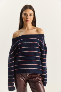 Kadın Bardot Yaka Çizgili Oversize Triko Kazak 2570 60283876 - Lacivert-Bordo KAZAK modelleri