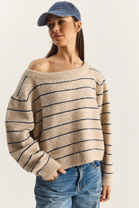 Kadın Bardot Yaka Çizgili Oversize Triko Kazak 2570 60283876 - Bej-Lacivert KAZAK modelleri