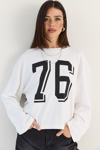 Kadın Baskı Detaylı Uzun Kollu Oversize Modal Bluz 12511 60286532 - Beyaz BLUZ modelleri