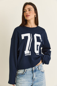Kadın Baskı Detaylı Uzun Kollu Oversize Modal Bluz 12511 60286532 - Lacivert BLUZ modelleri
