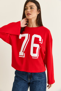 Kadın Baskı Detaylı Uzun Kollu Oversize Modal Bluz 12511 60286532 - Kırmızı BLUZ modelleri
