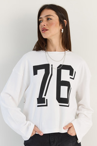 Kadın Baskı Detaylı Uzun Kollu Oversize Modal Bluz 12511 60286532 - Beyaz BLUZ modelleri