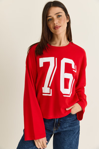 Kadın Baskı Detaylı Uzun Kollu Oversize Modal Bluz 12511 60286532 - Kırmızı BLUZ modelleri