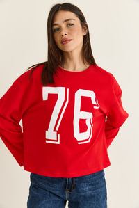 Kadın Baskı Detaylı Uzun Kollu Oversize Modal Bluz 12511 60286532 - Kırmızı BLUZ modelleri