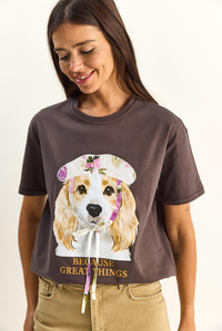 Kadın Baskı ve Payet Detaylı Fiyonklu Basic T-Shirt 7643 60286115 - Kahverengi T-SHİRT modelleri