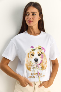 Kadın Baskı ve Payet Detaylı Fiyonklu Basic T-Shirt 7643 60286115 - Beyaz T-SHİRT modelleri