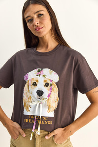 Kadın Baskı ve Payet Detaylı Fiyonklu Basic T-Shirt 7643 60286115 - Kahverengi T-SHİRT modelleri