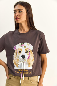 Kadın Baskı ve Payet Detaylı Fiyonklu Basic T-Shirt 7643 60286115 - Kahverengi T-SHİRT modelleri