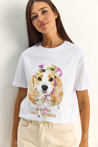 Kadın Baskı ve Payet Detaylı Fiyonklu Basic T-Shirt 7643 60286115 - Beyaz T-SHİRT modelleri