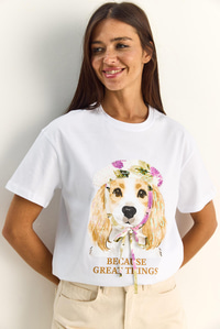 Kadın Baskı ve Payet Detaylı Fiyonklu Basic T-Shirt 7643 60286115 - Beyaz T-SHİRT modelleri