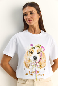 Kadın Baskı ve Payet Detaylı Fiyonklu Basic T-Shirt 7643 60286115 - Beyaz T-SHİRT modelleri