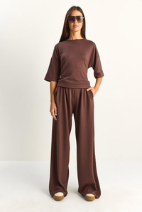 Kadın Belden Bağlamalı Basic T-Shirt Bol Paça Pantolon Alt-Üst Modal Takım 4114 60286087 - Acı Kahve ALT - ÜST TAKIM modelleri