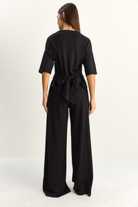Kadın Belden Bağlamalı Basic T-Shirt Bol Paça Pantolon Alt-Üst Modal Takım 4114 60286087 - Siyah ALT - ÜST TAKIM modelleri
