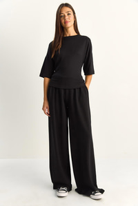 Kadın Belden Bağlamalı Basic T-Shirt Bol Paça Pantolon Alt-Üst Modal Takım 4114 60286087 - Siyah ALT - ÜST TAKIM modelleri