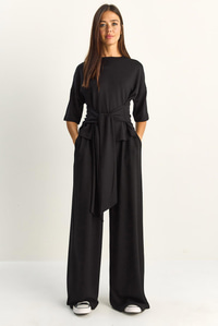 Kadın Belden Bağlamalı Basic T-Shirt Bol Paça Pantolon Alt-Üst Modal Takım 4114 60286087 - Siyah ALT - ÜST TAKIM modelleri
