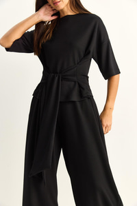 Kadın Belden Bağlamalı Basic T-Shirt Bol Paça Pantolon Alt-Üst Modal Takım 4114 60286087 - Siyah ALT - ÜST TAKIM modelleri