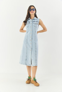 Kadın Belden Oturan Cepleri Kapaklı Sıfır Kollu Düğmeli Denim Elbise 3575 60283288 - Buz Mavisi