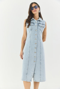 Kadın Belden Oturan Cepleri Kapaklı Sıfır Kollu Düğmeli Denim Elbise 3575 60283288 - Buz Mavisi