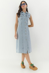 Kadın Belden Oturan Cepleri Kapaklı Sıfır Kollu Düğmeli Denim Elbise 3575 60283288 - Buz Mavisi