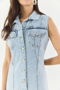 Kadın Belden Oturan Cepleri Kapaklı Sıfır Kollu Düğmeli Denim Elbise 3575 60283288 - Buz Mavisi