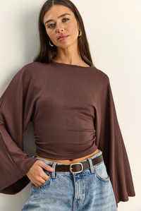 Kadın Belden Oturtmalı Drapeli Geniş Kol Crop Bluz 1093 60286119 - Kahverengi BLUZ modelleri