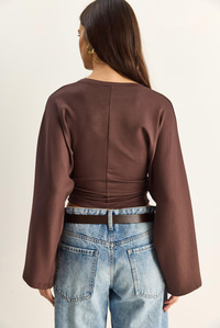 Kadın Belden Oturtmalı Drapeli Geniş Kol Crop Bluz 1093 60286119 - Kahverengi BLUZ modelleri