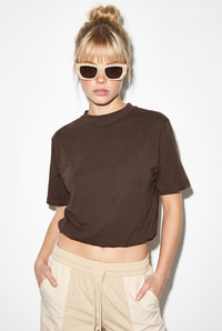 Kadın Beli Lastikli Balon Formlu Crop T-Shirt 1104 60286251 - Acı Kahve T-SHİRT modelleri