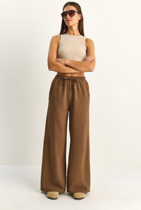 Kadın Beli Lastikli Cep Detaylı Bol Keten Pantolon YP5562 60286109 - Kahve PANTOLON modelleri