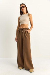 Kadın Beli Lastikli Cep Detaylı Bol Keten Pantolon YP5562 60286109 - Kahve PANTOLON modelleri