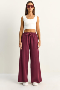 Kadın Beli Lastikli Cep Detaylı Bol Keten Pantolon YP5562 60286109 - Mürdüm PANTOLON modelleri