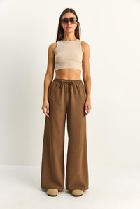 Kadın Beli Lastikli Cep Detaylı Bol Keten Pantolon YP5562 60286109 - Kahve PANTOLON modelleri
