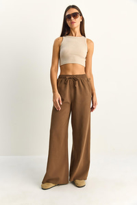 Kadın Beli Lastikli Cep Detaylı Bol Keten Pantolon YP5562 60286109 - Kahve PANTOLON modelleri
